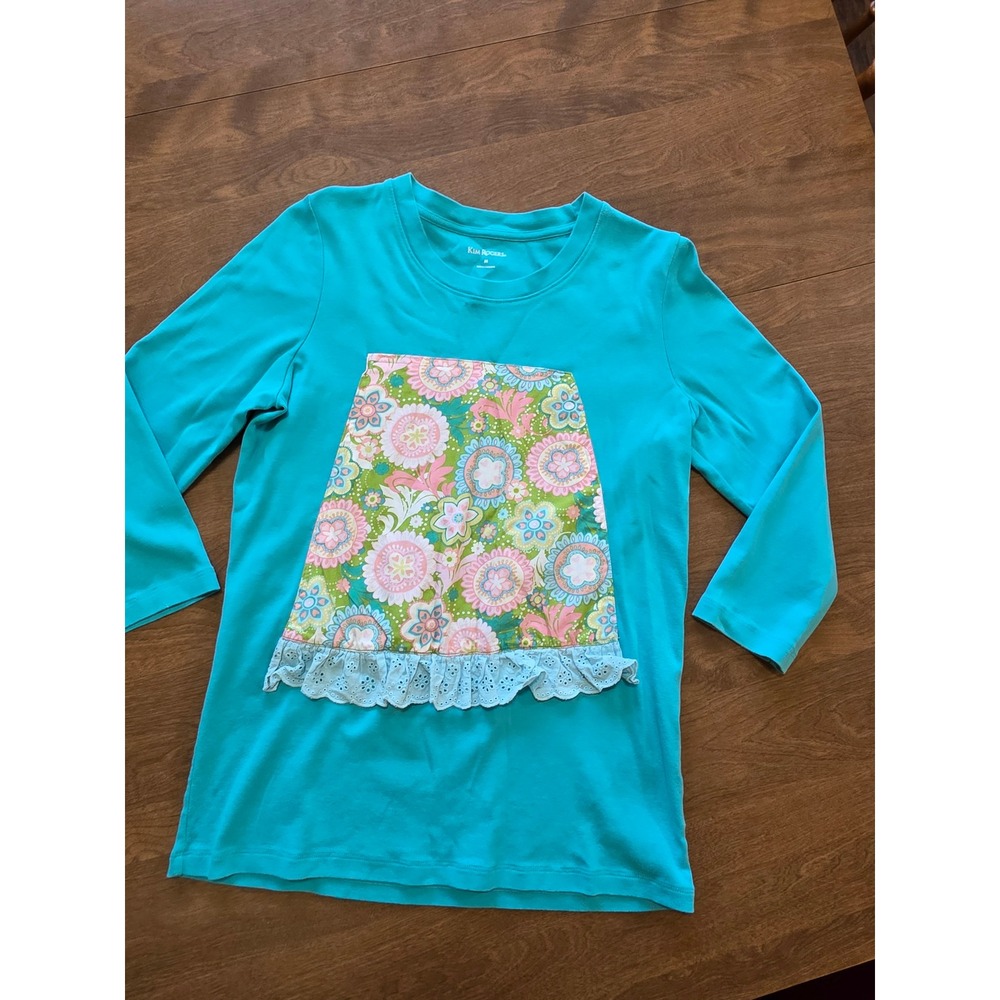 Kim Rogers Womens Turquoise Blue Floral Patchwork Eyelet Lace Long Sleeve Tee M